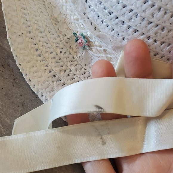 Vintage 90s Girls White Blue Floral Striped Bib Collar Party Dress w Hat Sz 5 - Picture 8 of 14